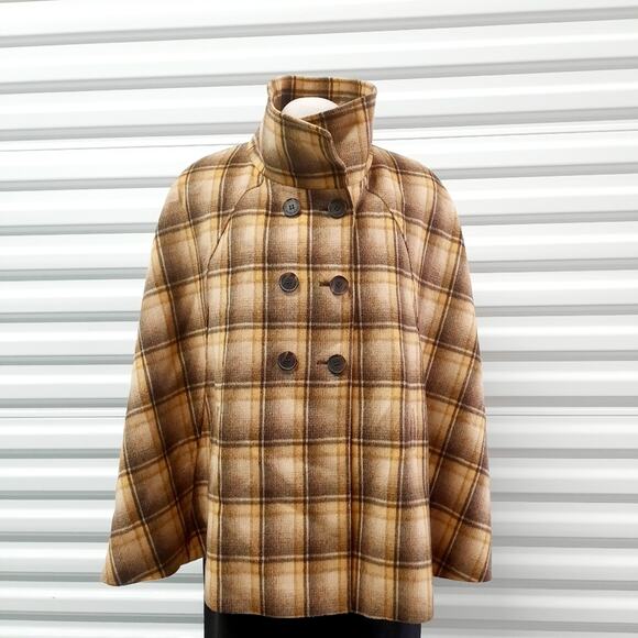 Tahari Plaid Wool Blend Cape Coat Brown Womens 12 Classic Fall Academia Jacket - Picture 7 of 9